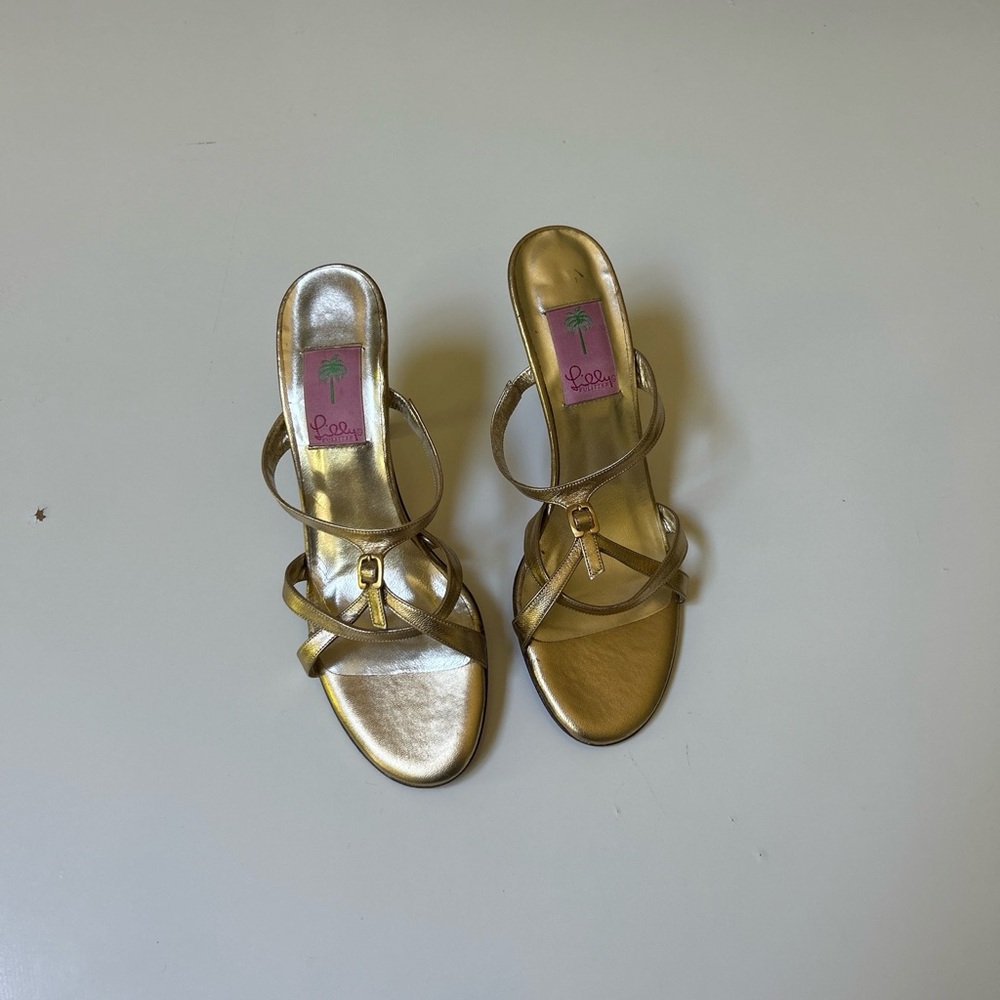 Lilly Pulitzer Metallic Gold Leather Pump Heels, Women's Size 8.5 Made in Italy